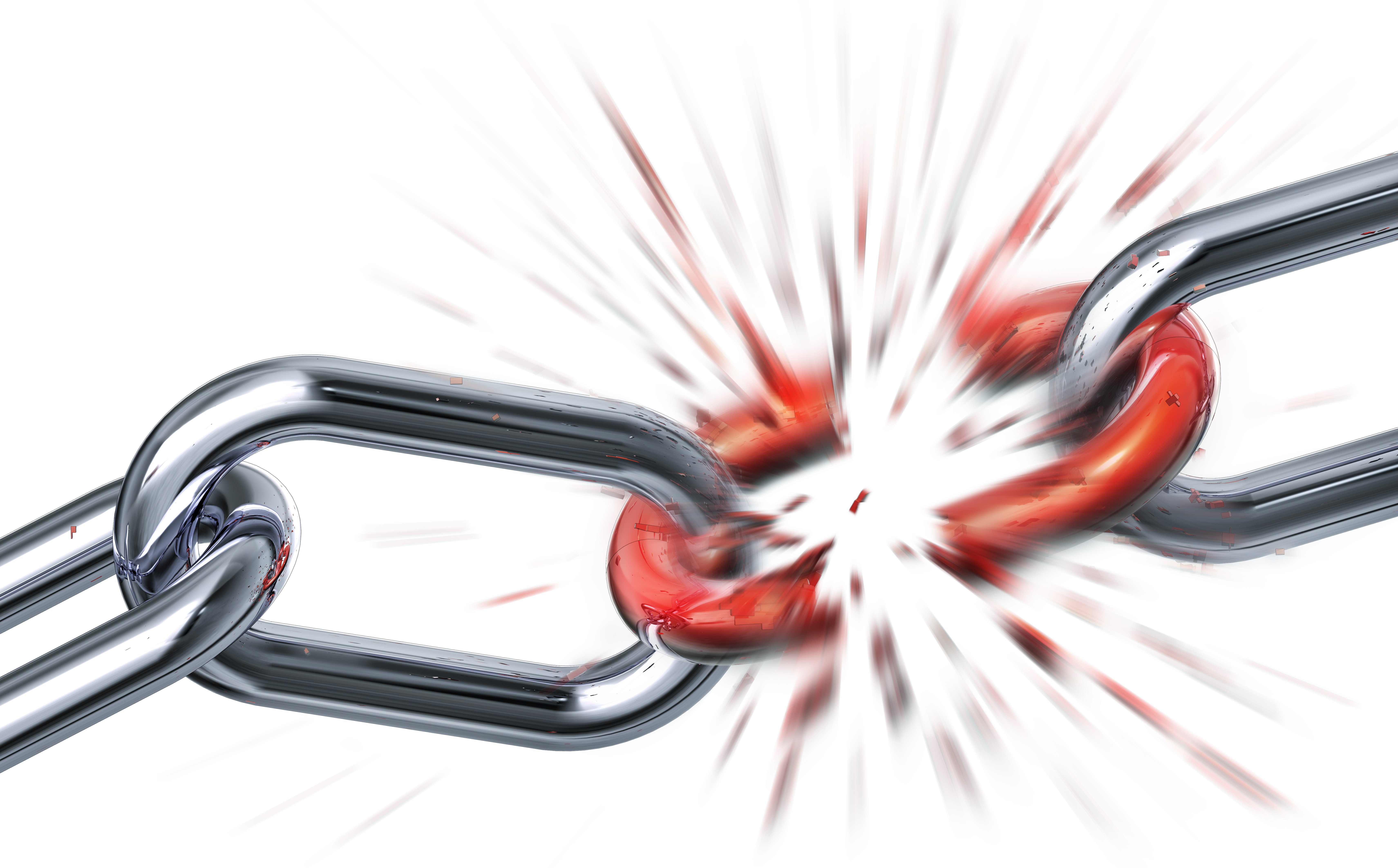 Red shackle of silver chain being broken